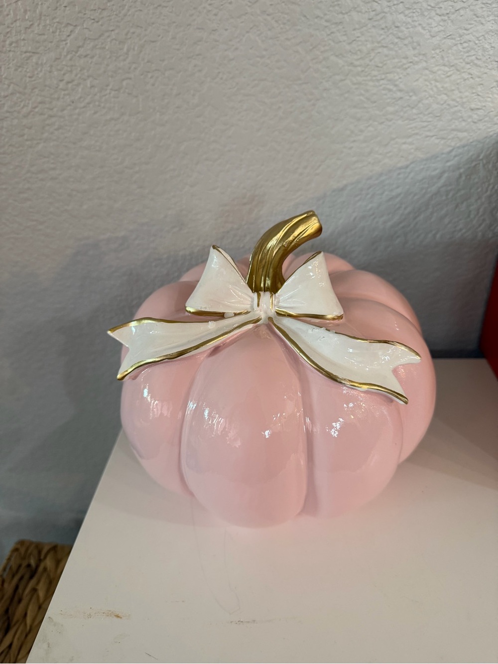 Decorative Pink Ceramic Pumpkin with Gold Stem and White Bow